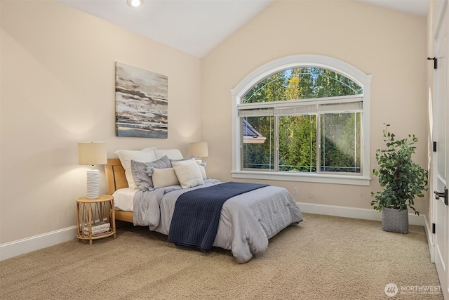 bedroom with carpet floors, lofted ceiling, and baseboards