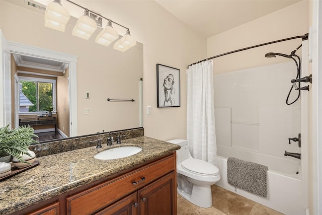 bathroom featuring shower / bath combination with curtain, visible vents, vanity, and toilet