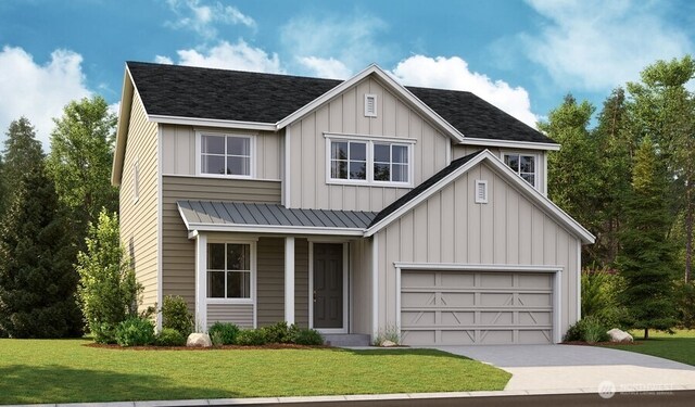 modern farmhouse with board and batten siding, a standing seam roof, metal roof, a front yard, and concrete driveway