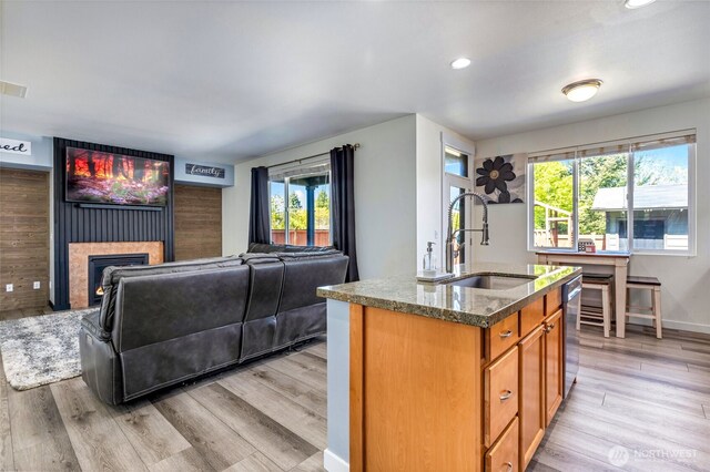 kitchen featuring a sink, dark stone countertops, a center island with sink, light wood-type flooring, and dishwasher