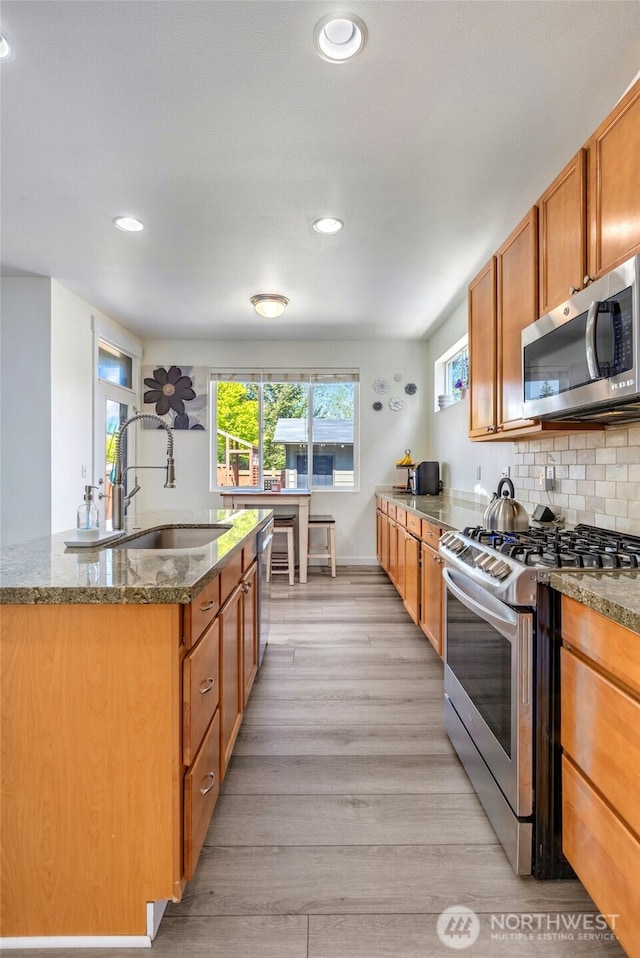 kitchen featuring stone countertops, a sink, light wood-style floors, and appliances with stainless steel finishes