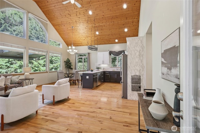 living area featuring light wood-style flooring, wood ceiling, high vaulted ceiling, and a healthy amount of sunlight