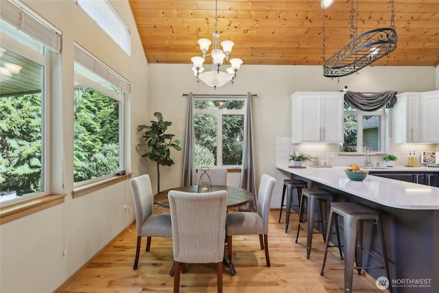 dining space featuring high vaulted ceiling, light wood finished floors, wooden ceiling, and an inviting chandelier