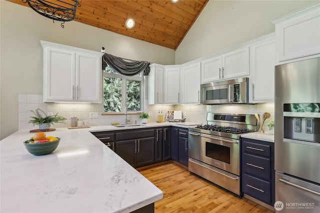 kitchen featuring decorative backsplash, stainless steel appliances, a sink, and white cabinetry