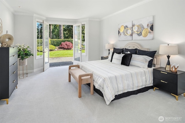 bedroom with baseboards, access to exterior, light carpet, and crown molding