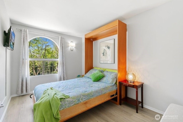 bedroom with baseboards and wood finished floors