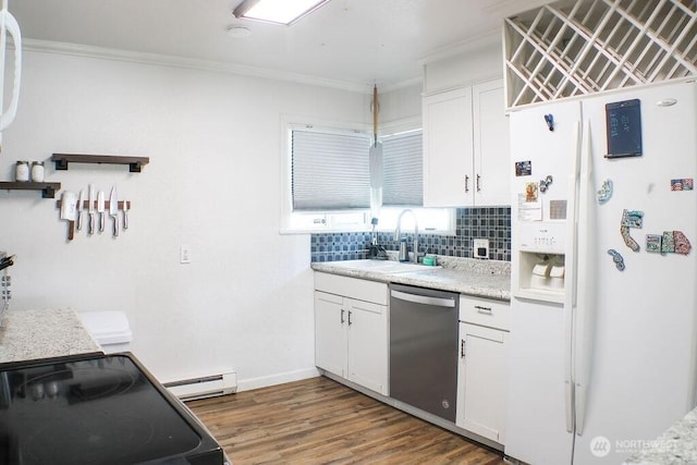 2916 Robin Ave, Bremerton, WA 98310 - kitchen featuring dishwasher, a sink, crown molding, a baseboard radiator, and white refrigerator with ice dispenser