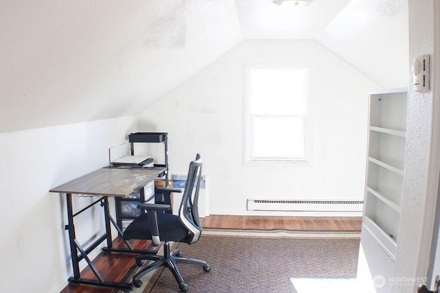 2916 Robin Ave, Bremerton, WA 98310 - carpeted home office with a baseboard radiator, lofted ceiling, and baseboards