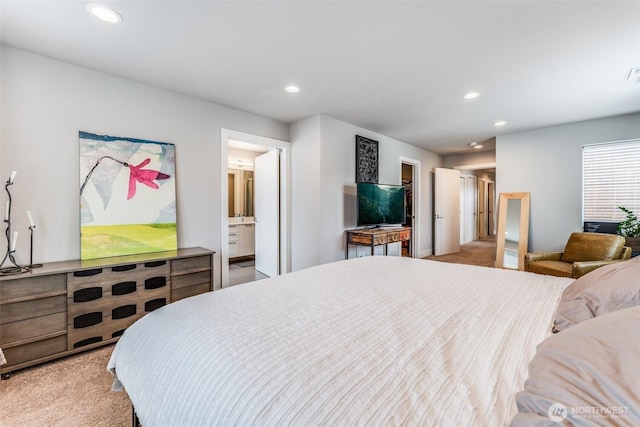 bedroom featuring recessed lighting, visible vents, and light carpet