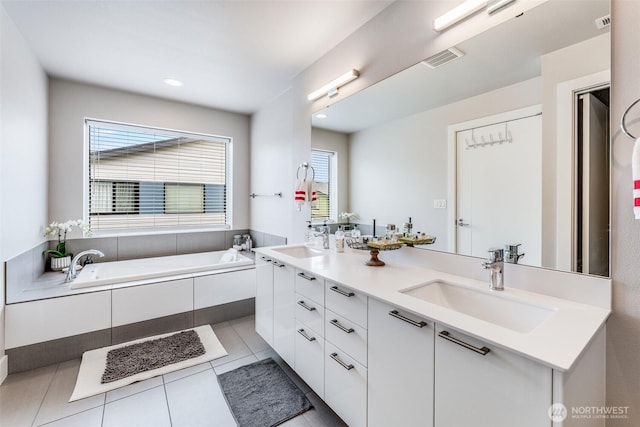 bathroom featuring double vanity, visible vents, tile patterned flooring, and a sink