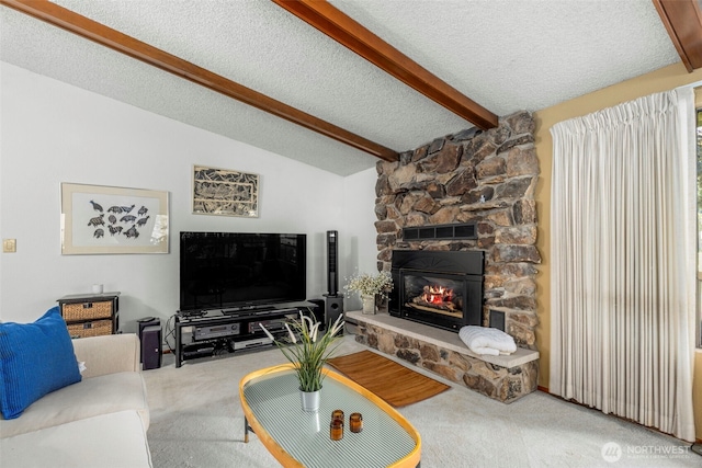 131 E Vine Maple Ln, Union, WA 98592 - carpeted living room with a stone fireplace and a textured ceiling