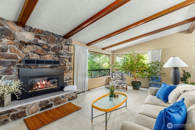 131 E Vine Maple Ln, Union, WA 98592 - carpeted living area featuring a fireplace, healthy amount of natural light, and a textured ceiling