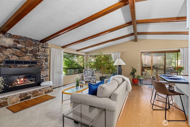 131 E Vine Maple Ln, Union, WA 98592 - living room with a textured ceiling and a stone fireplace