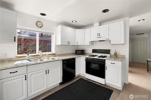 kitchen featuring white cabinetry, a sink, visible vents, under cabinet range hood, and black appliances