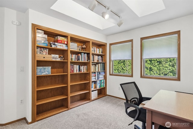 327 Keach Ct, Steilacoom, WA 98388 - carpeted office featuring a skylight, rail lighting, and baseboards