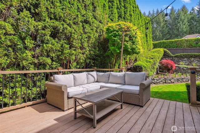 327 Keach Ct, Steilacoom, WA 98388 - wooden terrace featuring an outdoor hangout area and a view of trees