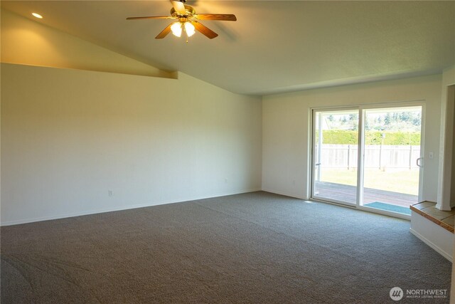 61 Stacey Ct, Sequim, WA 98382 - carpeted empty room featuring a ceiling fan, lofted ceiling, and baseboards