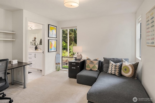 living area with light colored carpet
