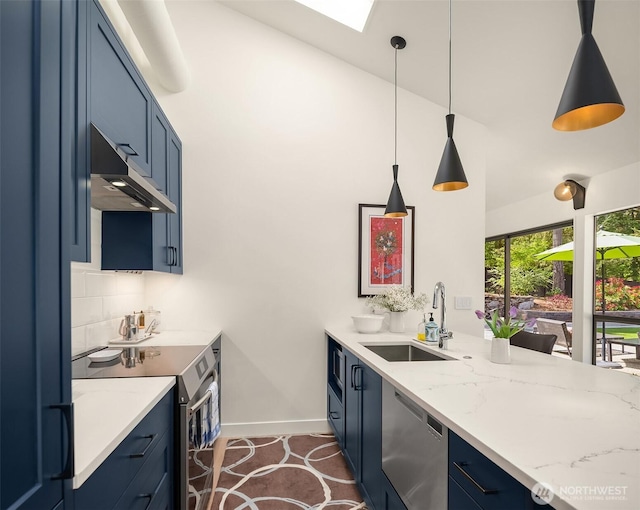 kitchen with appliances with stainless steel finishes, a sink, exhaust hood, blue cabinets, and a skylight