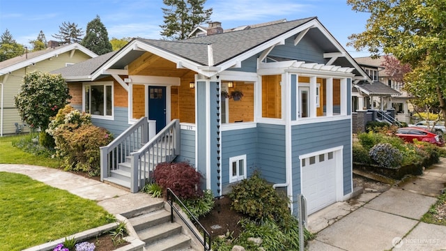 119 37th Ave E, Seattle, WA 98112 - view of front of property with an attached garage, a chimney, roof with shingles, and concrete driveway