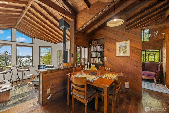 dining space with lofted ceiling with beams, dark wood finished floors, wooden walls, and wood ceiling