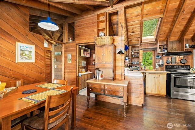 dining area featuring wood walls, lofted ceiling with beams, wood ceiling, and dark wood-type flooring