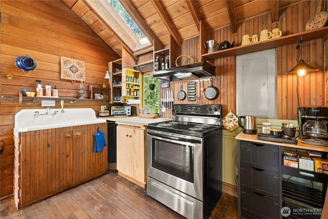 kitchen featuring open shelves, under cabinet range hood, wood walls, and stainless steel electric range