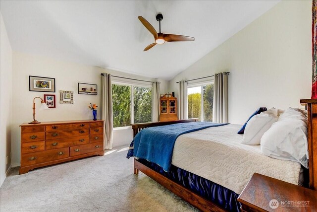 bedroom featuring lofted ceiling, a ceiling fan, and carpet floors