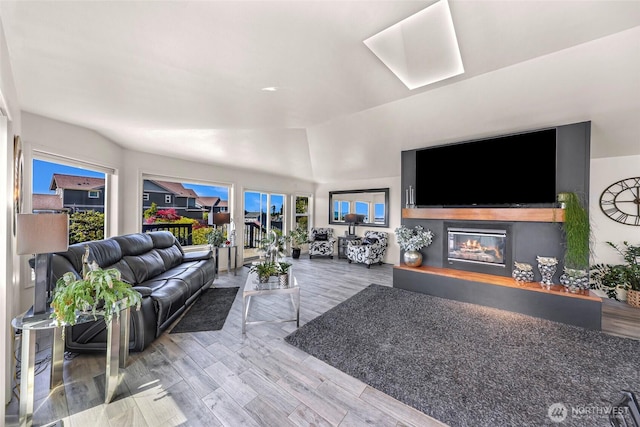 4353 Gooding Ave, Bellingham, WA 98226 - living room with a glass covered fireplace, lofted ceiling with skylight, and wood finished floors