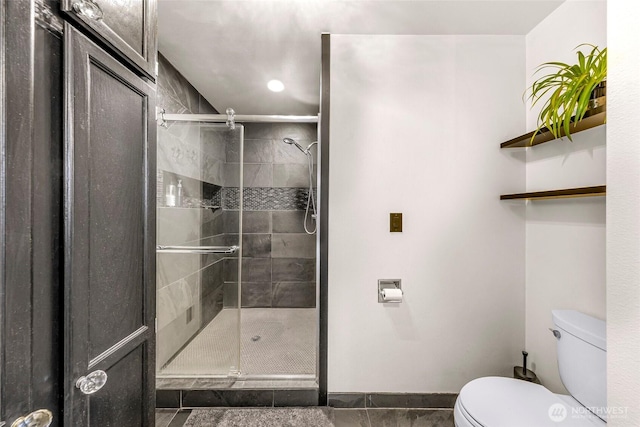 4353 Gooding Ave, Bellingham, WA 98226 - bathroom featuring baseboards, recessed lighting, a stall shower, and toilet