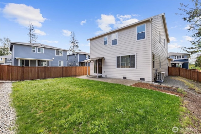 back of house with a lawn, a fenced backyard, a patio area, and central air condition unit