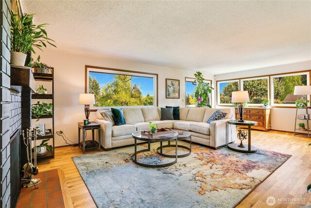living area with a textured ceiling, a fireplace with flush hearth, and a healthy amount of sunlight