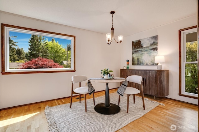dining area featuring baseboards, wood finished floors, and a chandelier