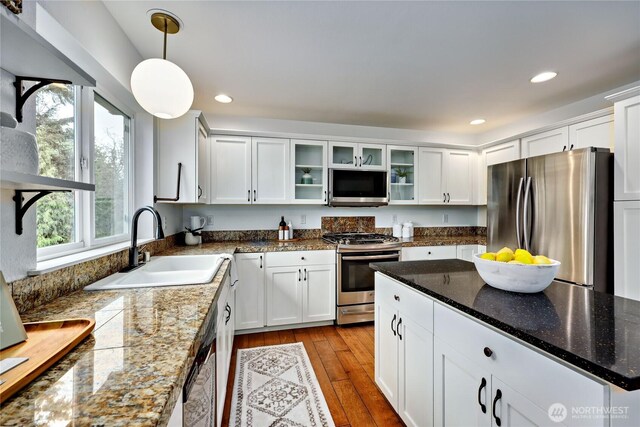 kitchen with appliances with stainless steel finishes, a sink, dark wood-style floors, glass insert cabinets, and recessed lighting
