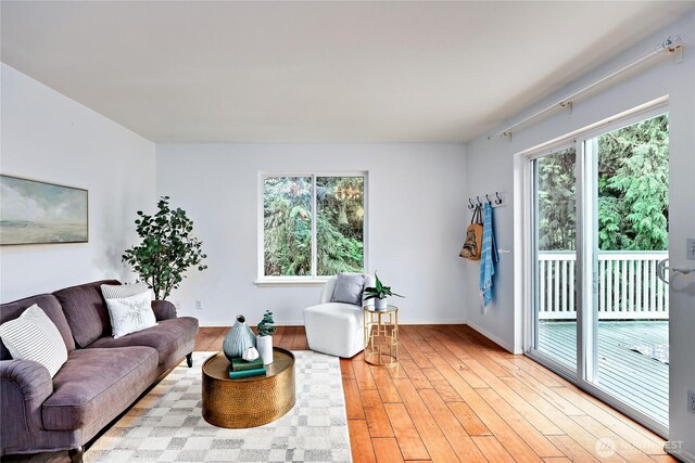 living area featuring baseboards and light wood-type flooring