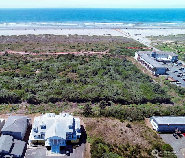 bird's eye view with a water view and a beach view