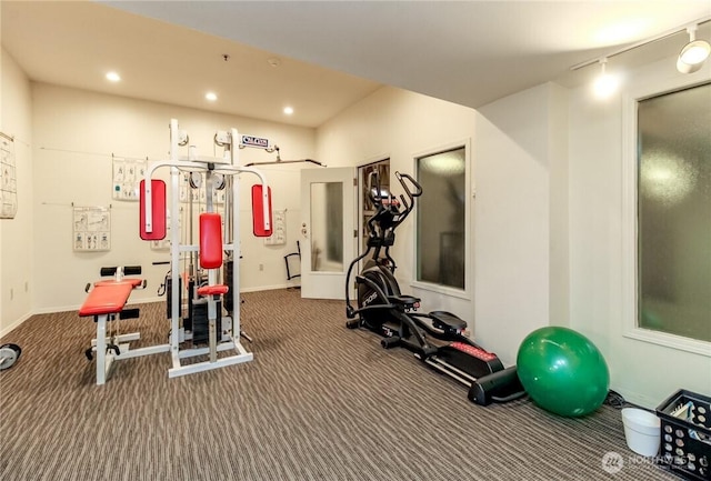 gym with recessed lighting, carpet, and baseboards