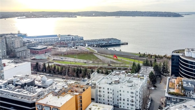 aerial view at dusk with a water view