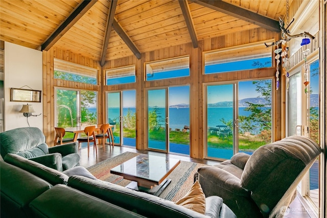 60 Eliza Is, Bellingham, WA 98226 - sunroom featuring high vaulted ceiling, wood finished floors, a water view, beamed ceiling, and wood ceiling