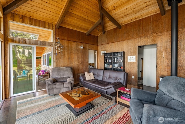60 Eliza Is, Bellingham, WA 98226 - living room with beamed ceiling, wooden ceiling, wood finished floors, and a wood stove