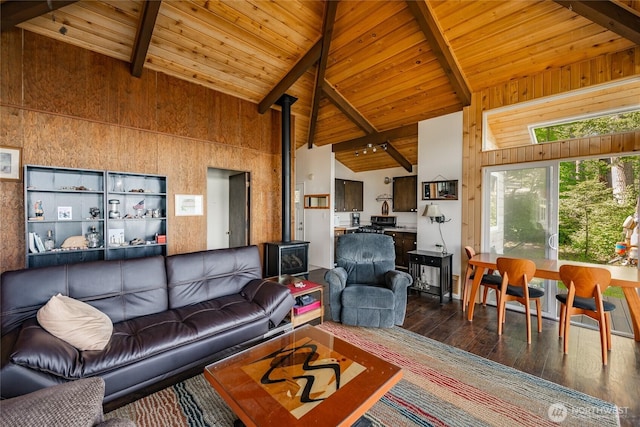 60 Eliza Is, Bellingham, WA 98226 - living room with a wood stove, beam ceiling, wooden ceiling, high vaulted ceiling, and hardwood / wood-style floors