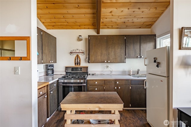 60 Eliza Is, Bellingham, WA 98226 - kitchen featuring dark wood-type flooring, freestanding refrigerator, wood ceiling, and stainless steel gas range oven