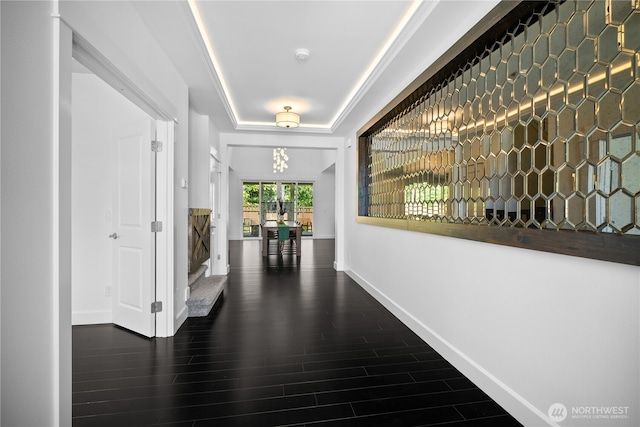 18723 133rd Street Ct E, Bonney Lake, WA 98391 - hall featuring baseboards, wood finished floors, and a raised ceiling