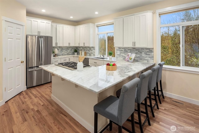 kitchen featuring light wood finished floors, a wealth of natural light, a sink, and appliances with stainless steel finishes