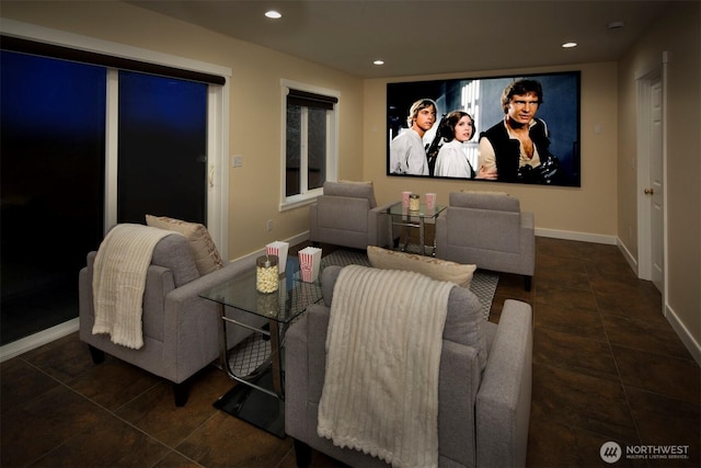 home theater room featuring recessed lighting, tile patterned floors, and baseboards
