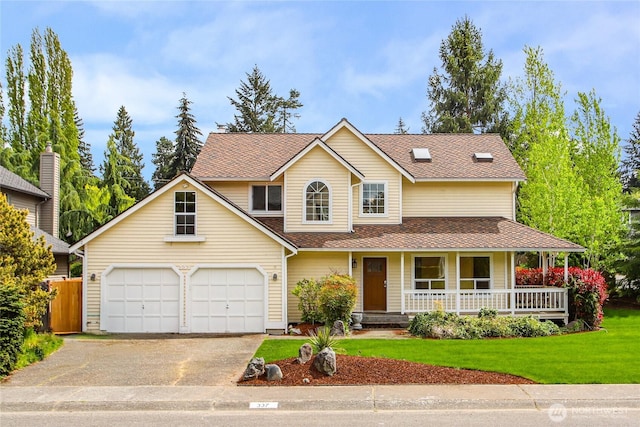 view of front facade featuring fence, a shingled roof, aphalt driveway, a front yard, and covered porch
