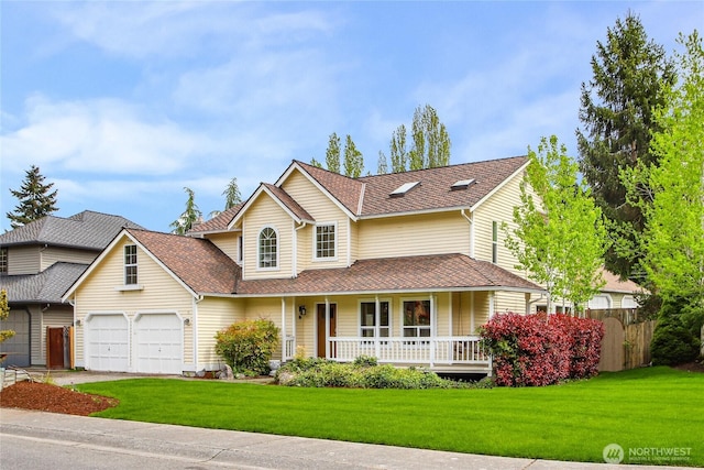 view of front of house with a front lawn, fence, covered porch, a shingled roof, and driveway