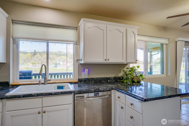 4647 Ohio St, Longview, WA 98632 - kitchen with white cabinets, dishwasher, a ceiling fan, a sink, and a peninsula