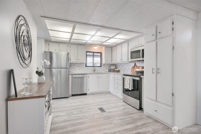 kitchen with a sink, light wood finished floors, backsplash, and stainless steel appliances