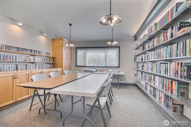 dining room featuring light carpet, vaulted ceiling, and rail lighting
